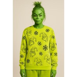 The Grinch Holiday Fleece Sweatshirt – Bright Green, Graphic Print, Size M